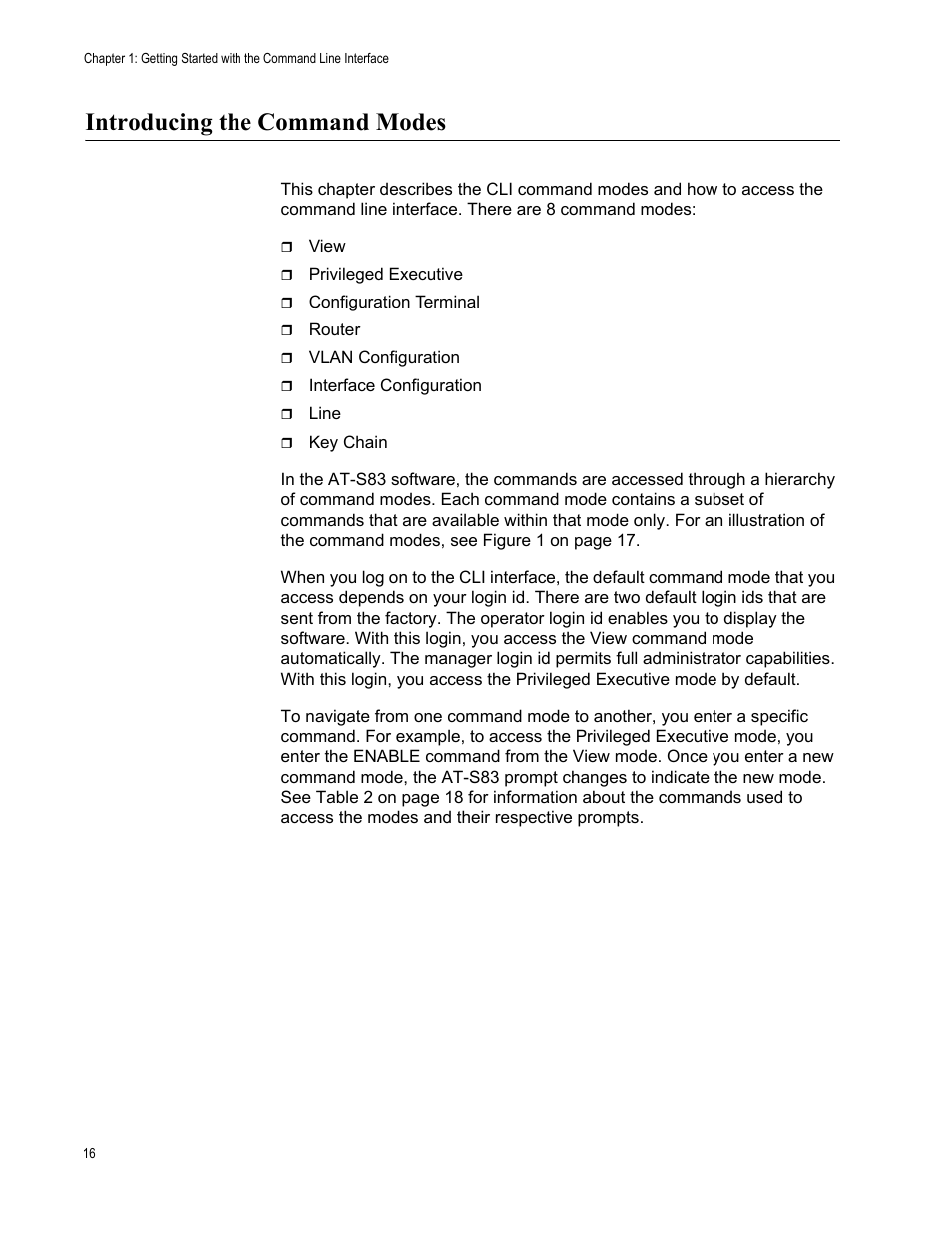 Introducing the command modes | Allied Telesis AT-S83 User Manual | Page 16 / 382