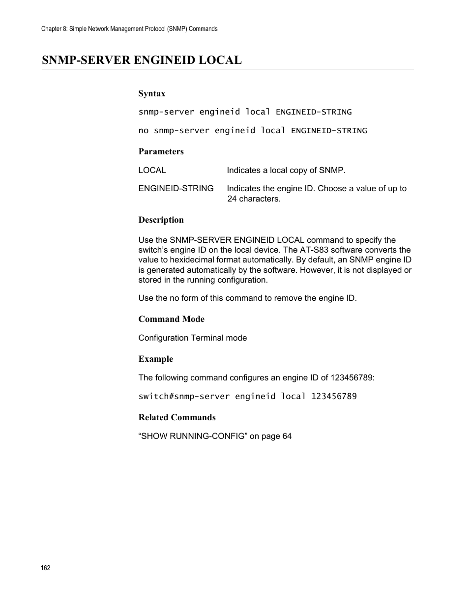Snmp-server engineid local | Allied Telesis AT-S83 User Manual | Page 162 / 382
