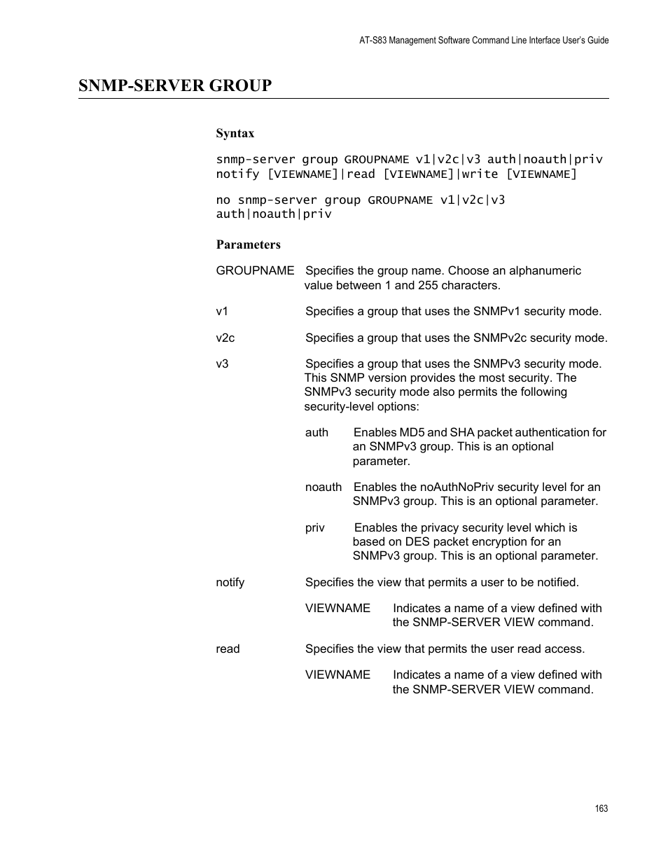 Snmp-server group | Allied Telesis AT-S83 User Manual | Page 163 / 382