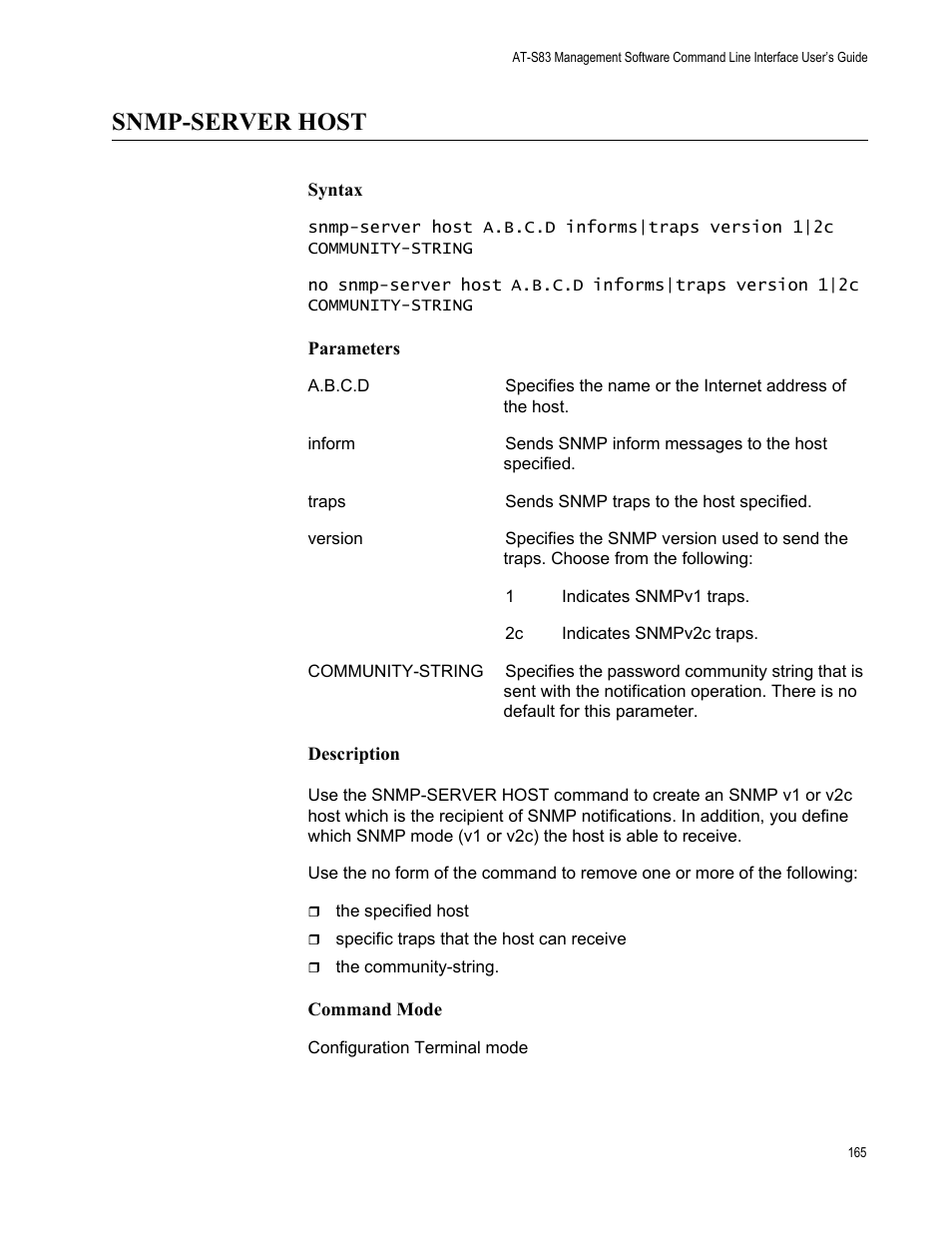 Snmp-server host | Allied Telesis AT-S83 User Manual | Page 165 / 382