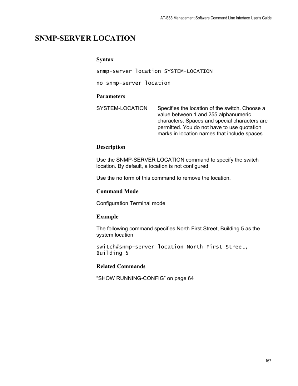 Snmp-server location | Allied Telesis AT-S83 User Manual | Page 167 / 382