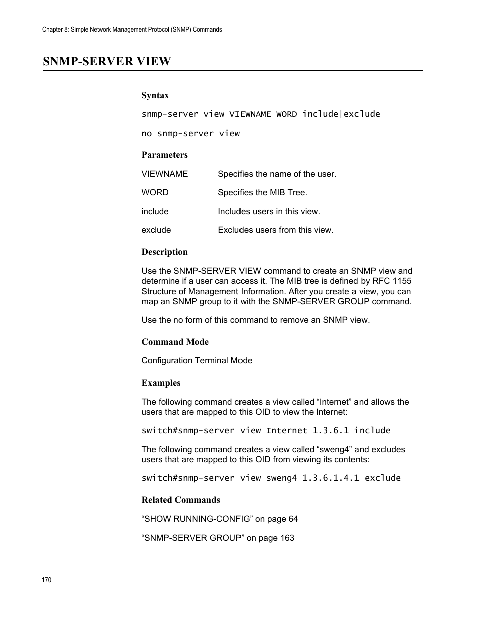 Snmp-server view | Allied Telesis AT-S83 User Manual | Page 170 / 382
