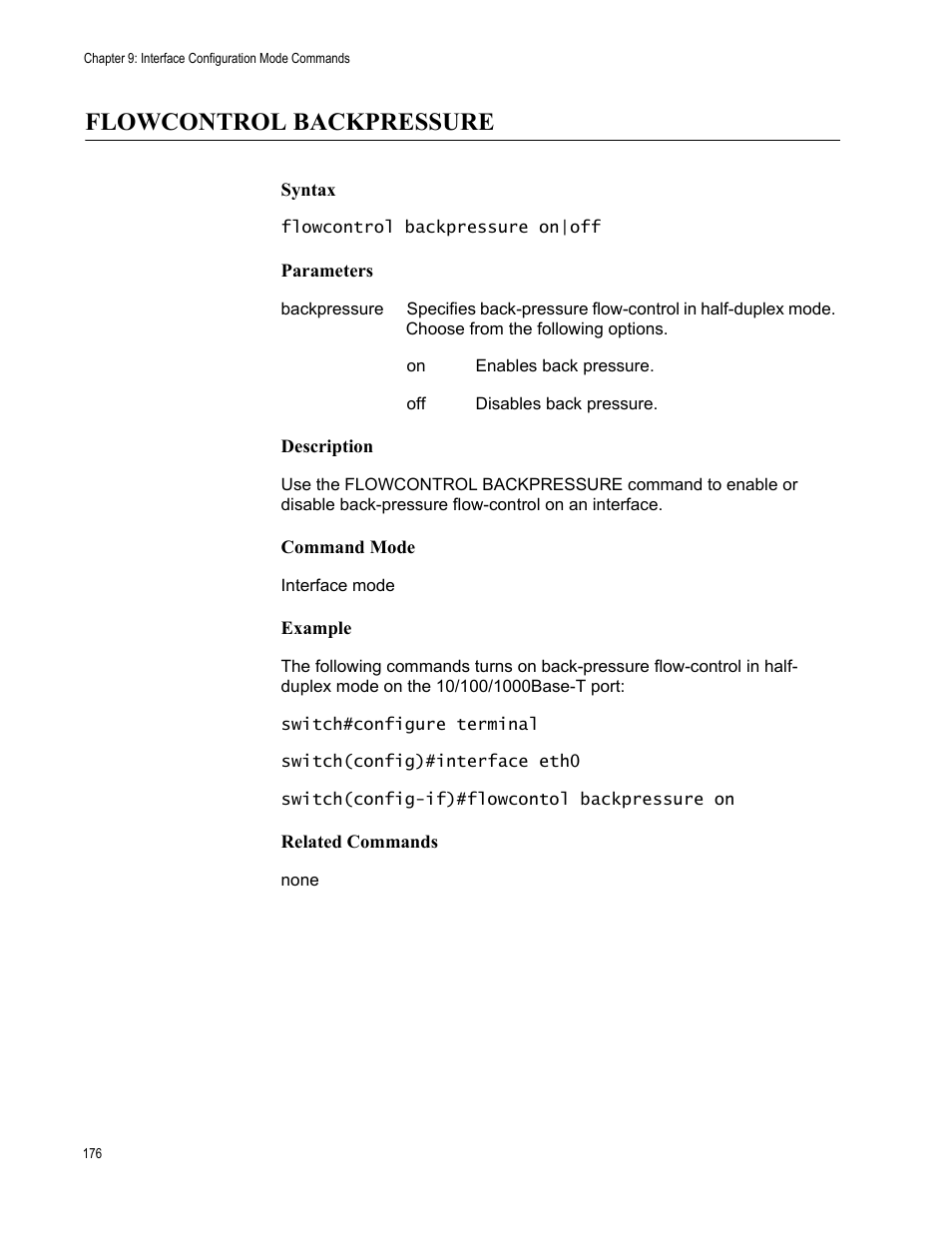 Flowcontrol backpressure | Allied Telesis AT-S83 User Manual | Page 176 / 382