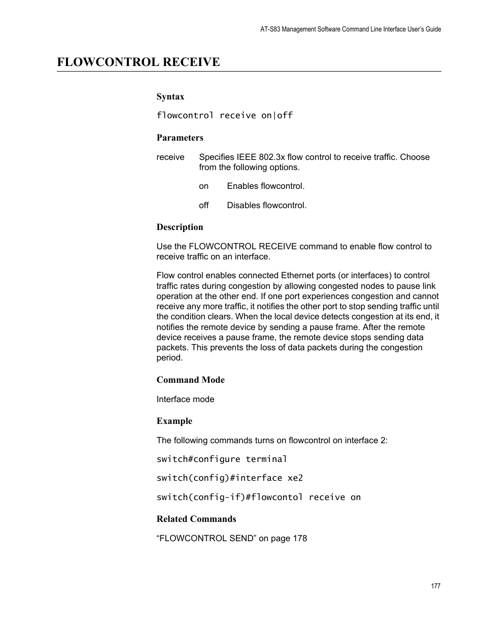 Flowcontrol receive | Allied Telesis AT-S83 User Manual | Page 177 / 382