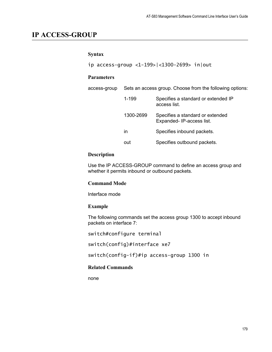 Ip access-group | Allied Telesis AT-S83 User Manual | Page 179 / 382