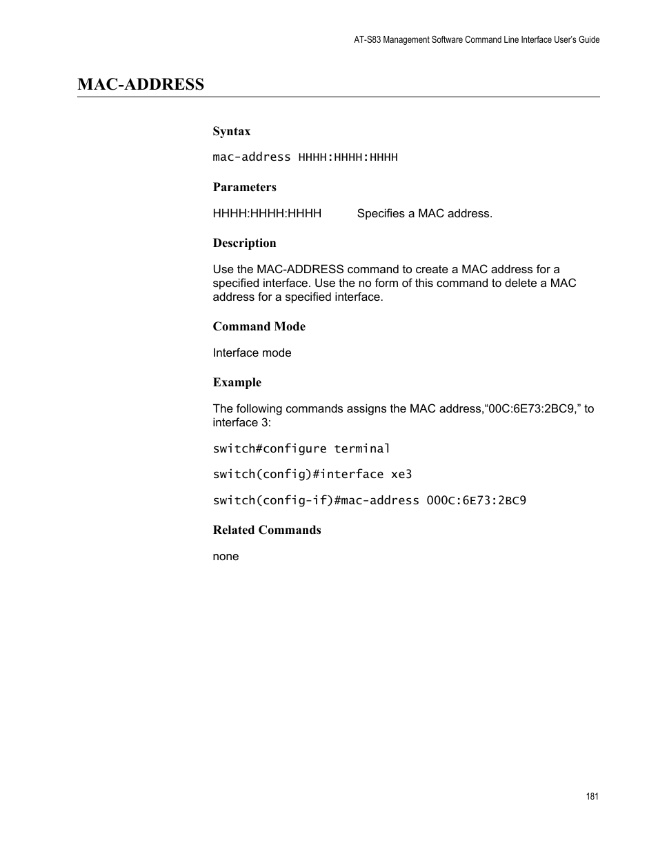 Mac-address | Allied Telesis AT-S83 User Manual | Page 181 / 382