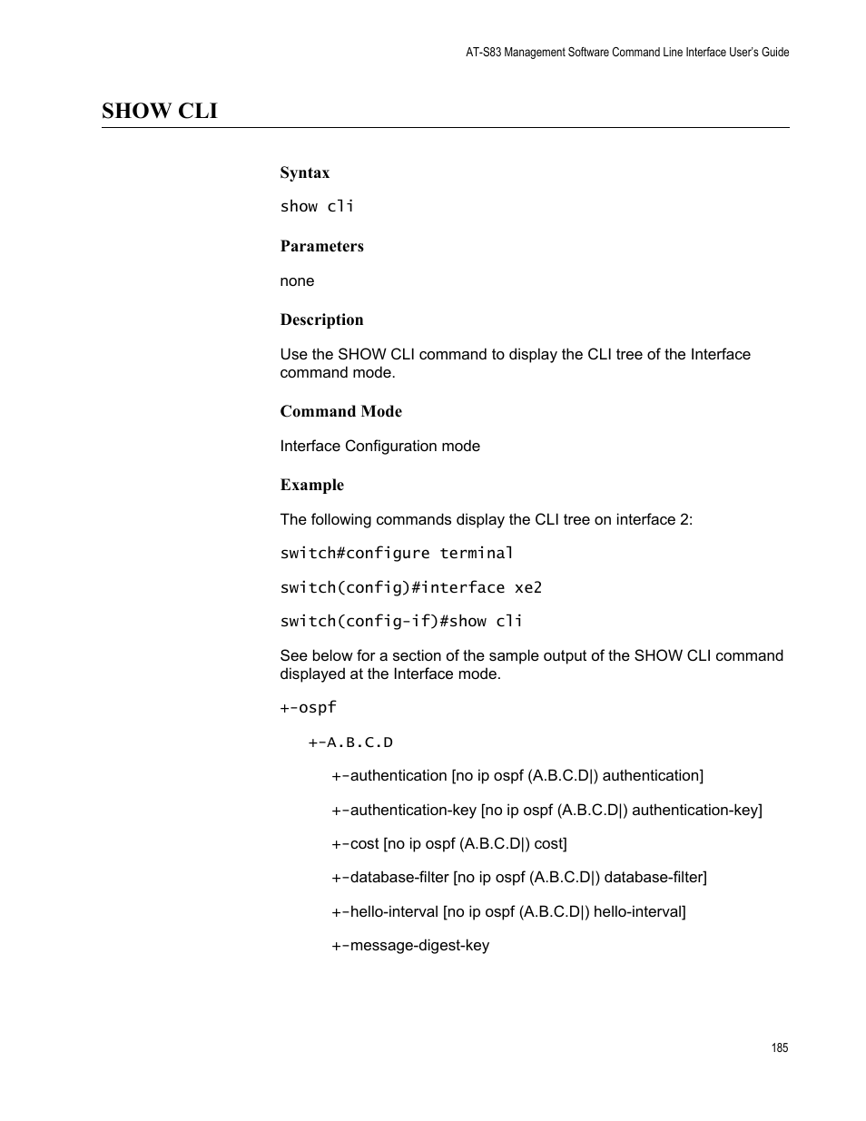 Show cli | Allied Telesis AT-S83 User Manual | Page 185 / 382