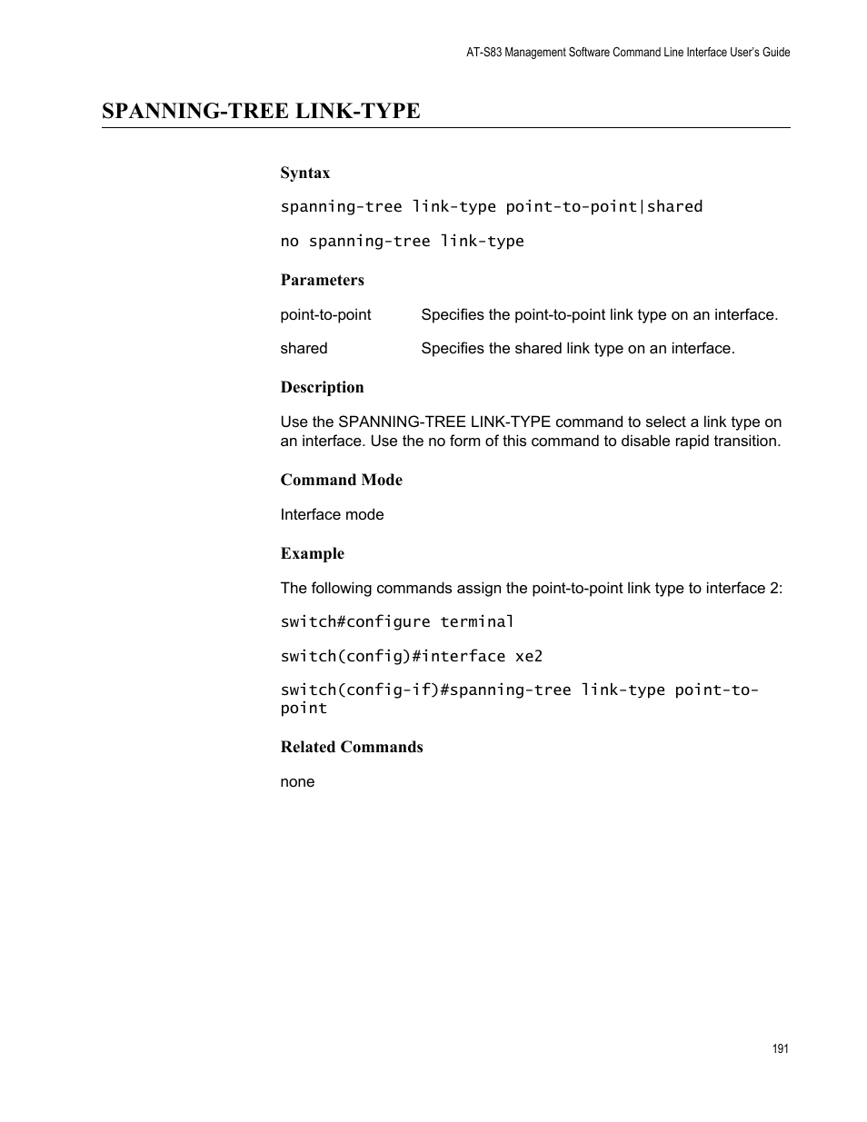 Spanning-tree link-type | Allied Telesis AT-S83 User Manual | Page 191 / 382