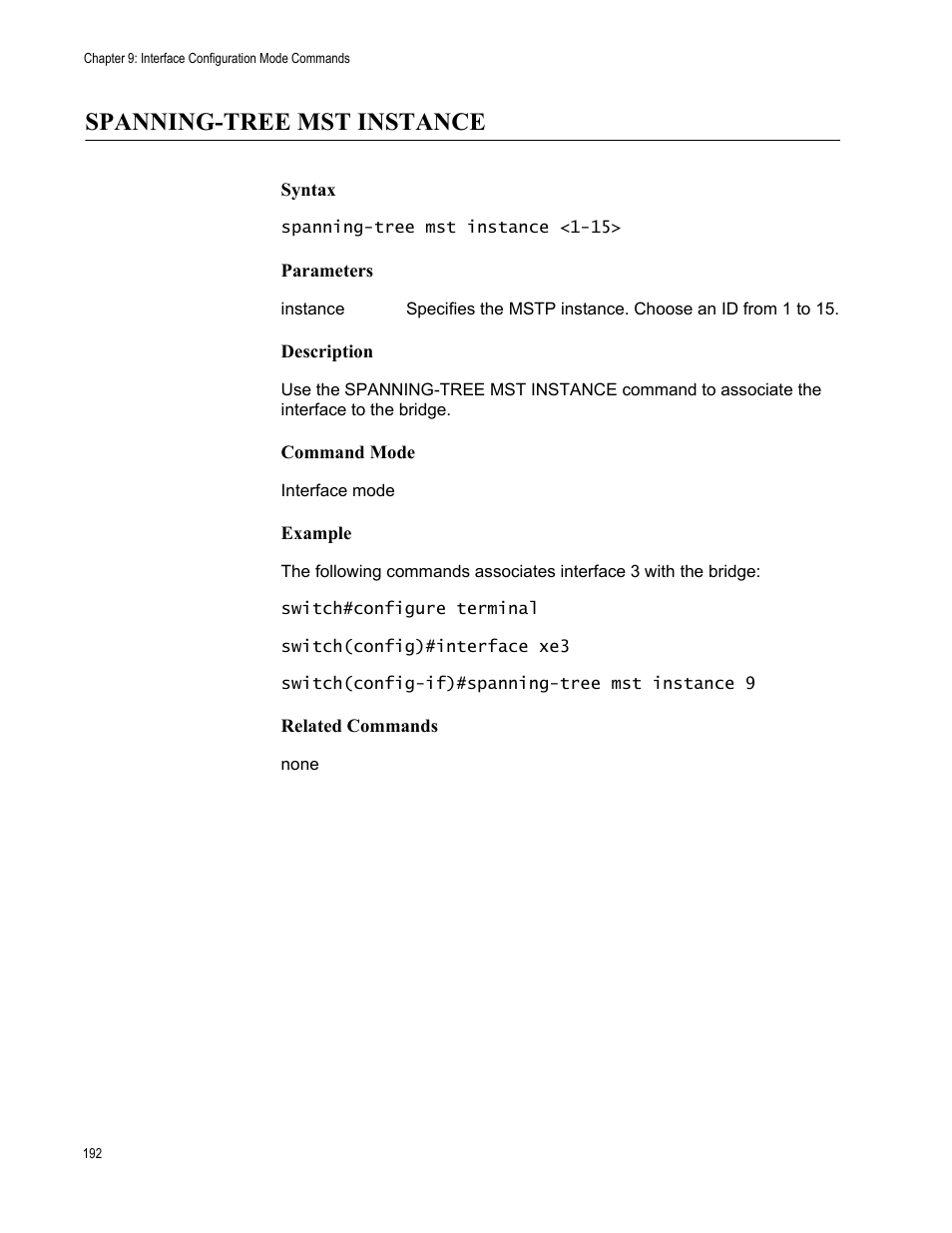 Spanning-tree mst instance | Allied Telesis AT-S83 User Manual | Page 192 / 382