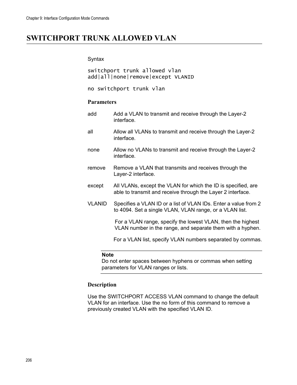 Switchport trunk allowed vlan | Allied Telesis AT-S83 User Manual | Page 206 / 382