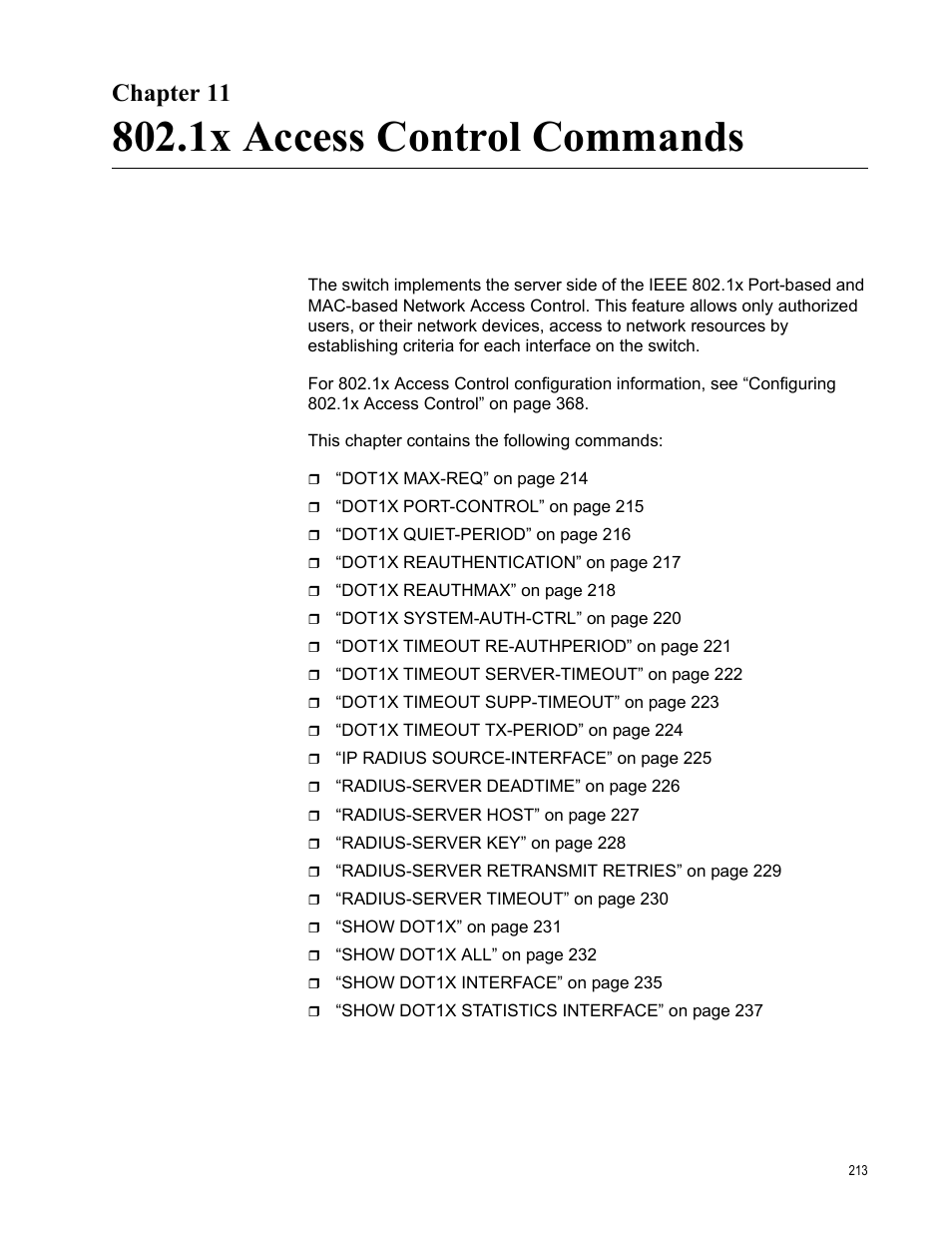 Chapter 11, 1x access control commands | Allied Telesis AT-S83 User Manual | Page 213 / 382