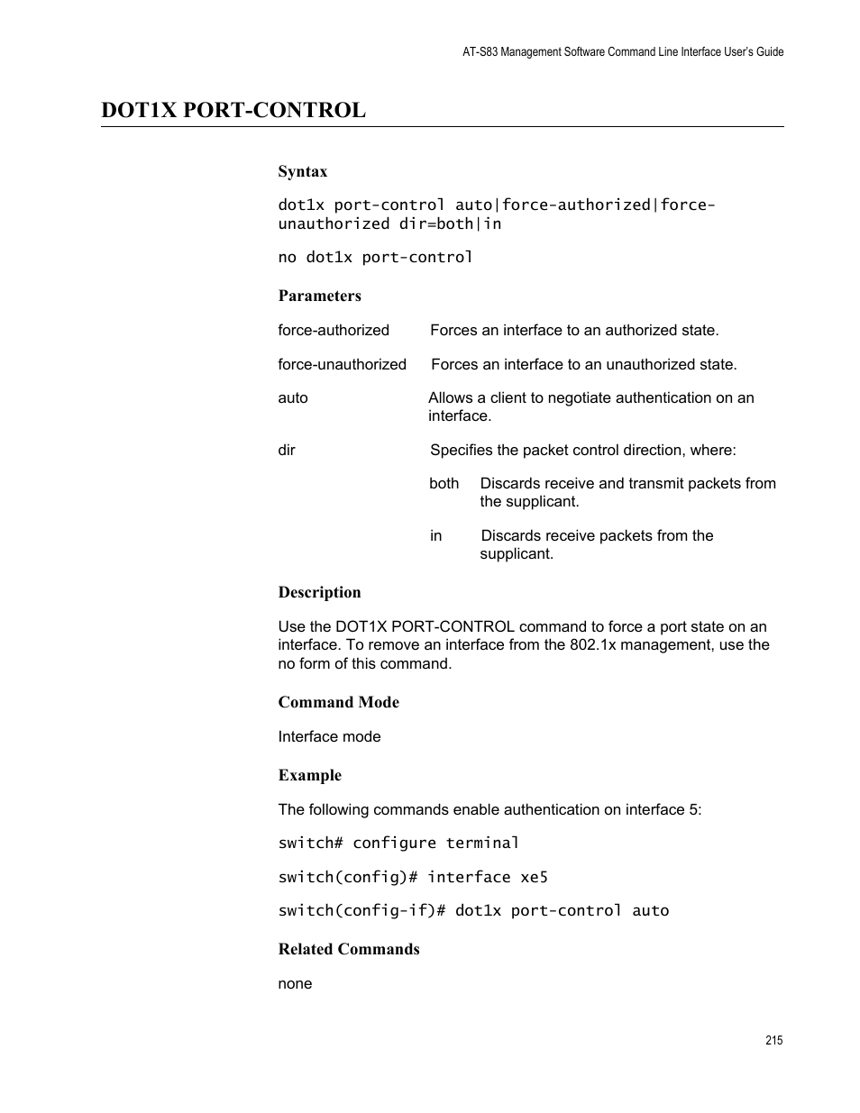 Dot1x port-control | Allied Telesis AT-S83 User Manual | Page 215 / 382