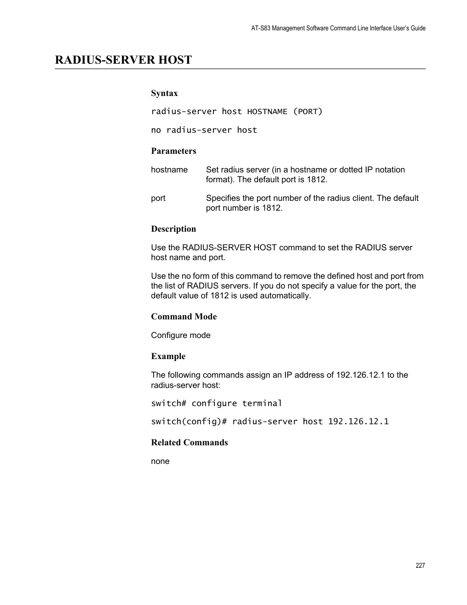 Radius-server host | Allied Telesis AT-S83 User Manual | Page 227 / 382