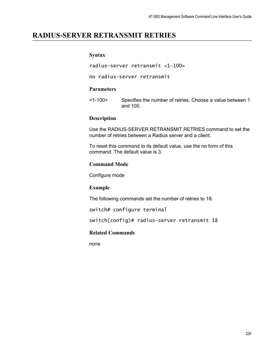 Radius-server retransmit retries | Allied Telesis AT-S83 User Manual | Page 229 / 382