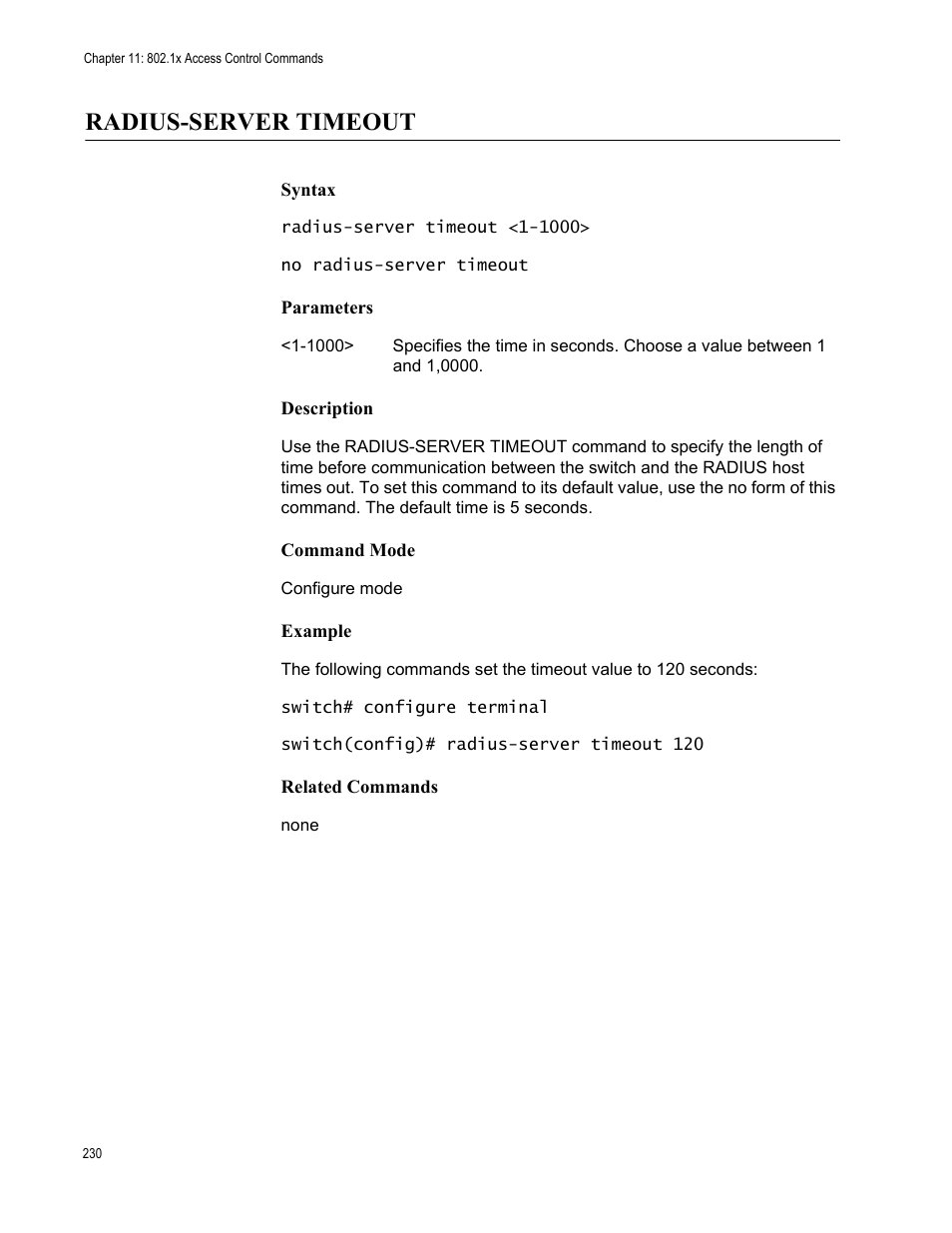 Radius-server timeout | Allied Telesis AT-S83 User Manual | Page 230 / 382