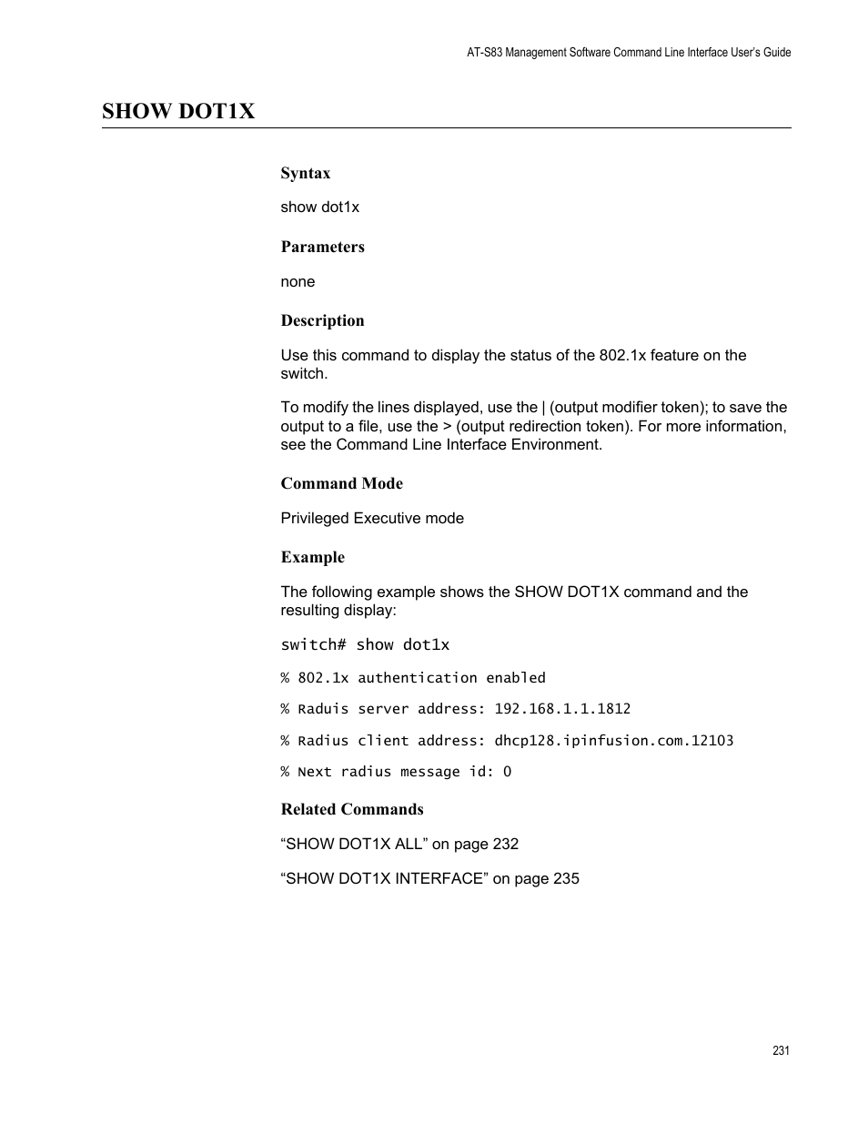 Show dot1x | Allied Telesis AT-S83 User Manual | Page 231 / 382