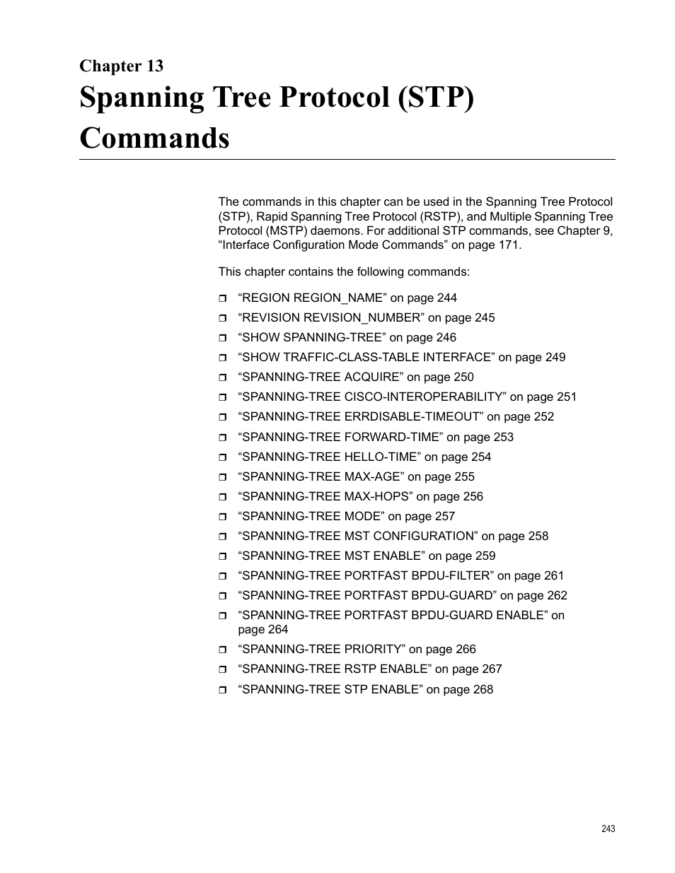 Chapter 13, Spanning tree protocol (stp) commands | Allied Telesis AT-S83 User Manual | Page 243 / 382