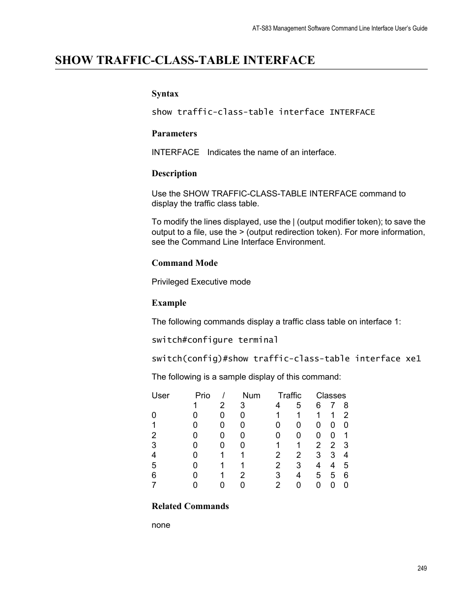Show traffic-class-table interface | Allied Telesis AT-S83 User Manual | Page 249 / 382