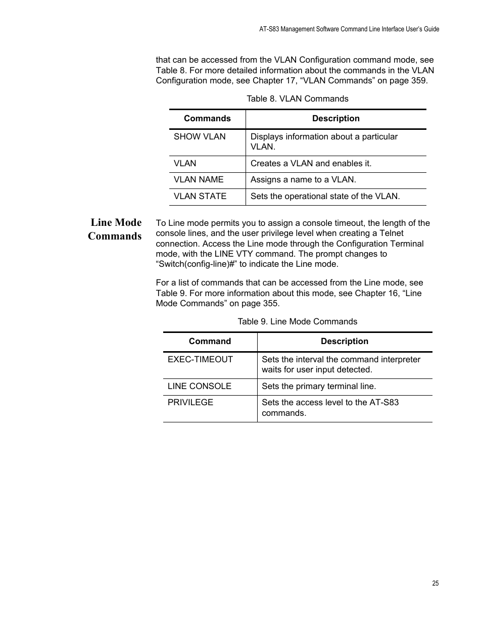 Line mode commands, Table 8. vlan commands table 9. line mode commands | Allied Telesis AT-S83 User Manual | Page 25 / 382