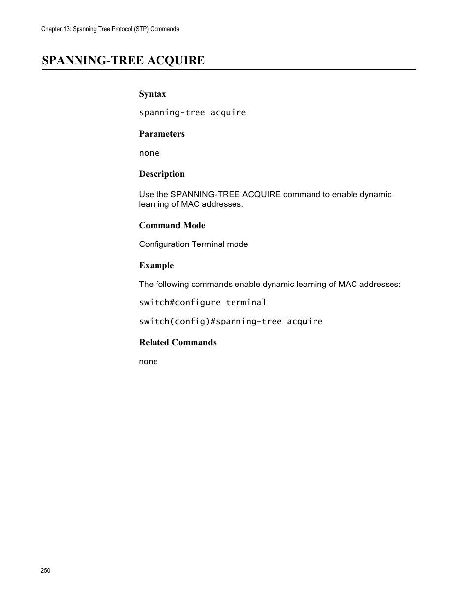 Spanning-tree acquire | Allied Telesis AT-S83 User Manual | Page 250 / 382