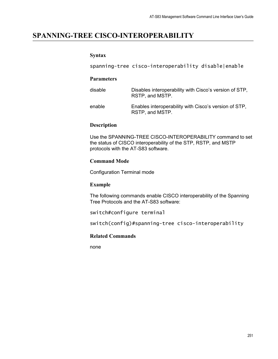 Spanning-tree cisco-interoperability | Allied Telesis AT-S83 User Manual | Page 251 / 382