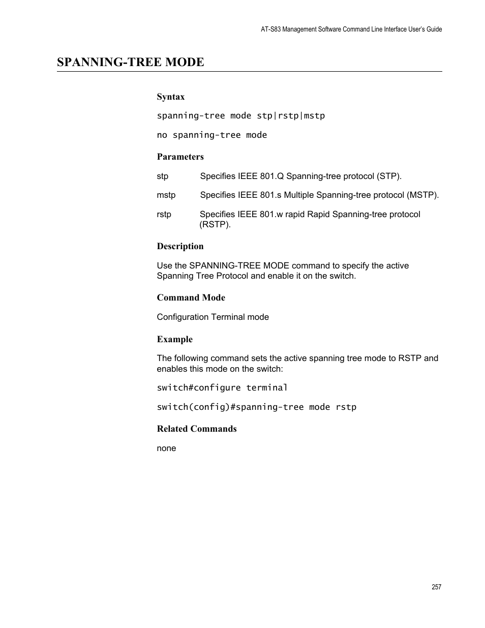 Spanning-tree mode | Allied Telesis AT-S83 User Manual | Page 257 / 382
