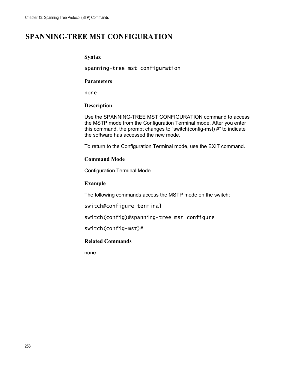 Spanning-tree mst configuration | Allied Telesis AT-S83 User Manual | Page 258 / 382