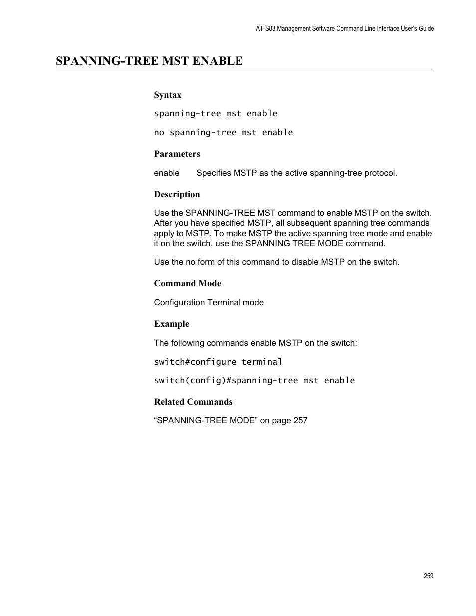 Spanning-tree mst enable | Allied Telesis AT-S83 User Manual | Page 259 / 382