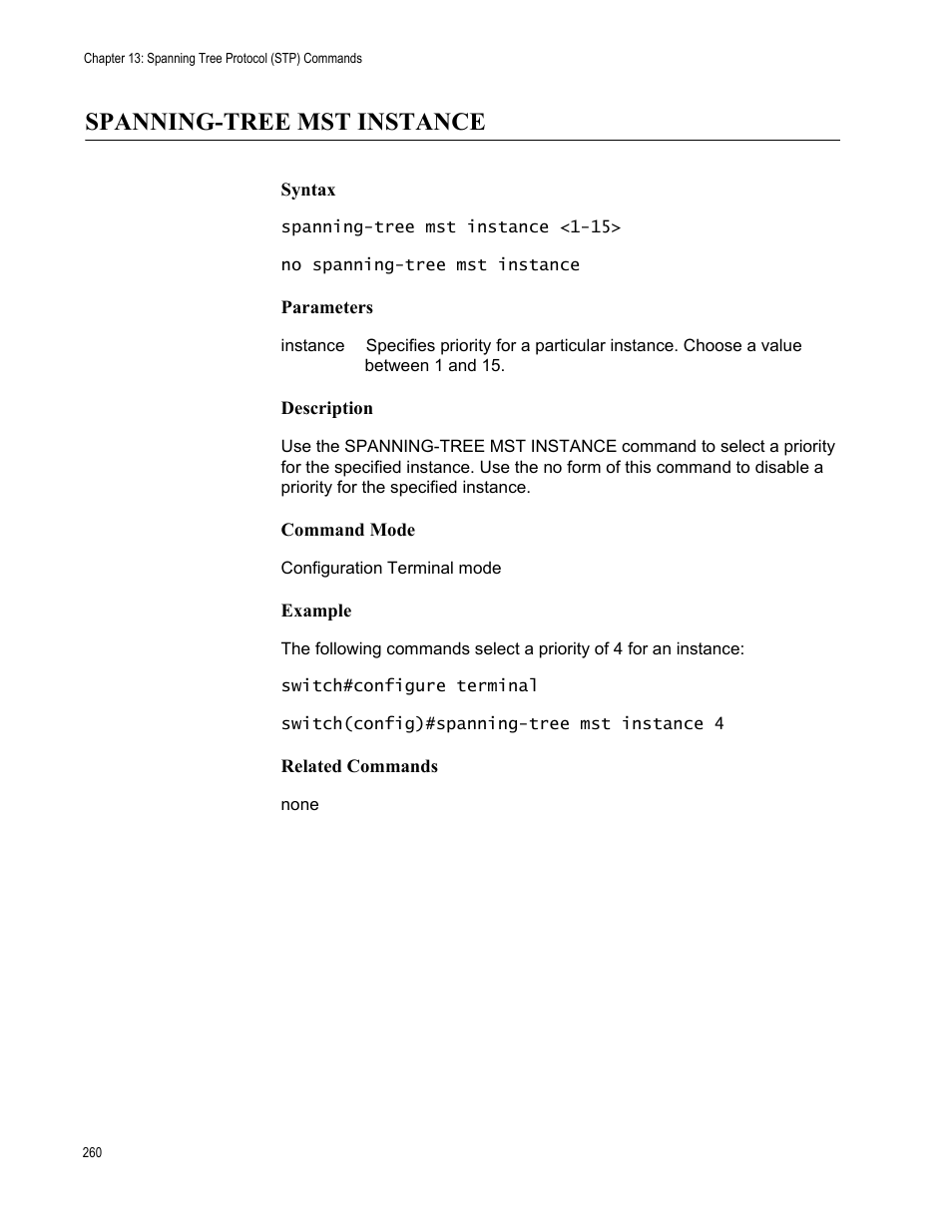 Spanning-tree mst instance | Allied Telesis AT-S83 User Manual | Page 260 / 382