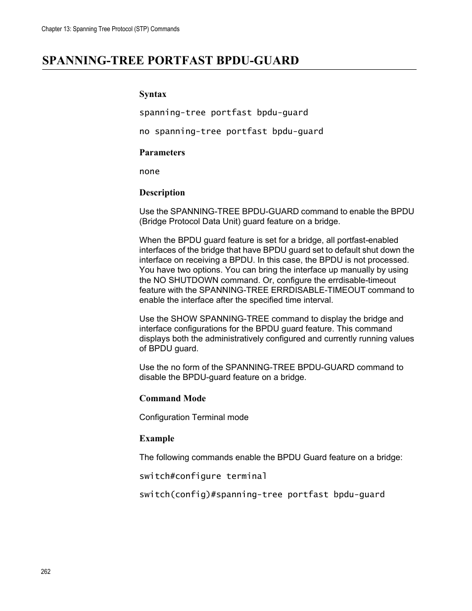 Spanning-tree portfast bpdu-guard | Allied Telesis AT-S83 User Manual | Page 262 / 382