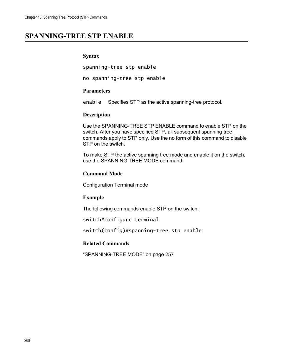 Spanning-tree stp enable | Allied Telesis AT-S83 User Manual | Page 268 / 382