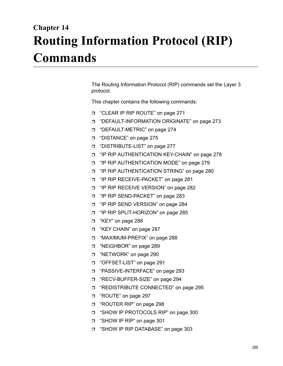 Chapter 14, Routing information protocol (rip) commands | Allied Telesis AT-S83 User Manual | Page 269 / 382