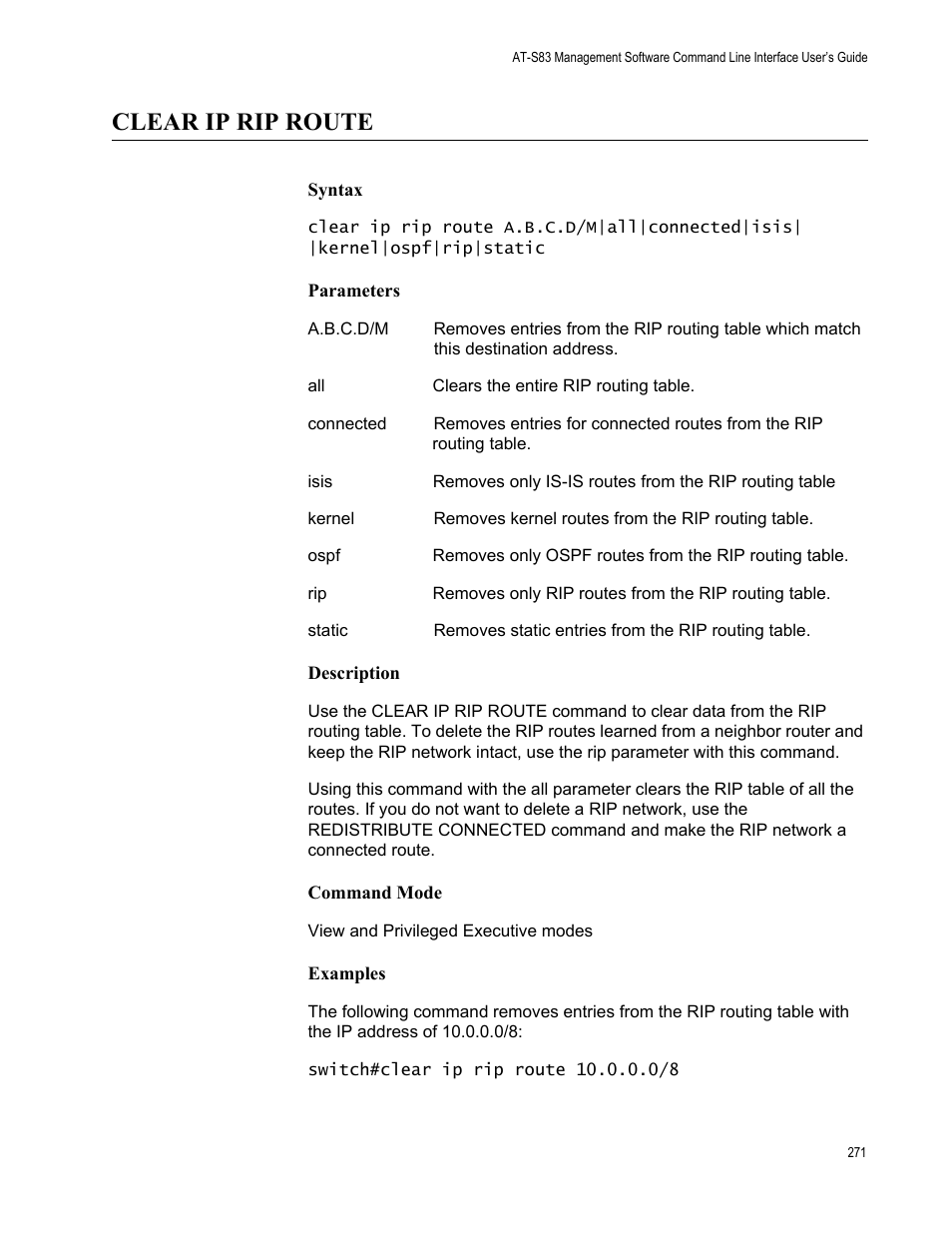 Clear ip rip route | Allied Telesis AT-S83 User Manual | Page 271 / 382
