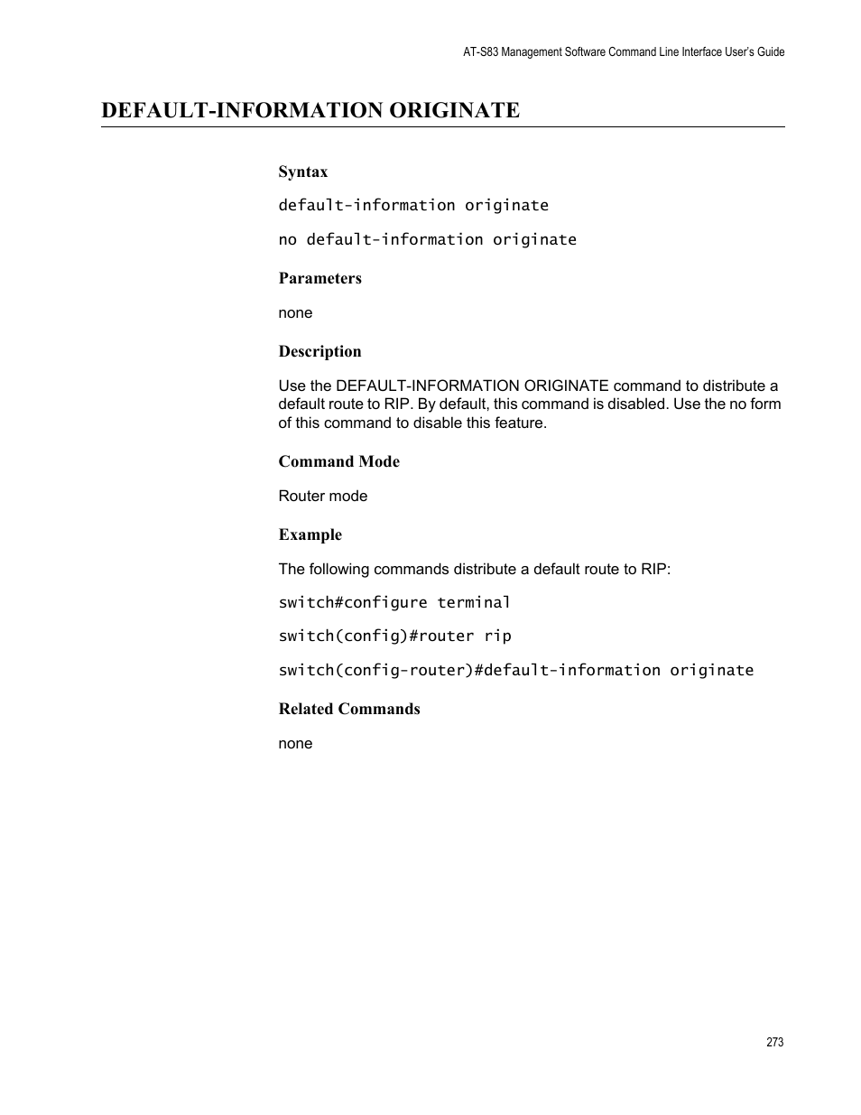 Default-information originate | Allied Telesis AT-S83 User Manual | Page 273 / 382
