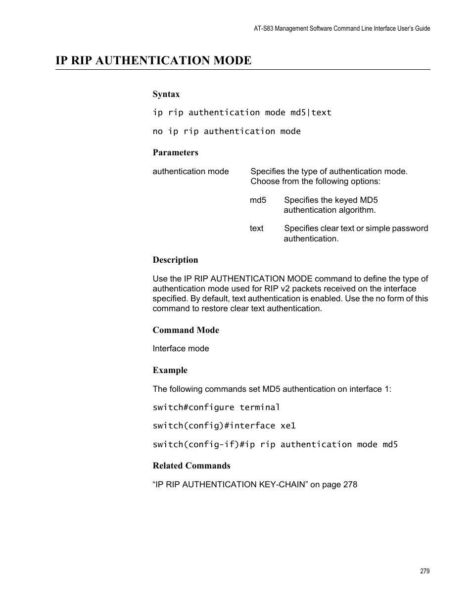 Ip rip authentication mode | Allied Telesis AT-S83 User Manual | Page 279 / 382