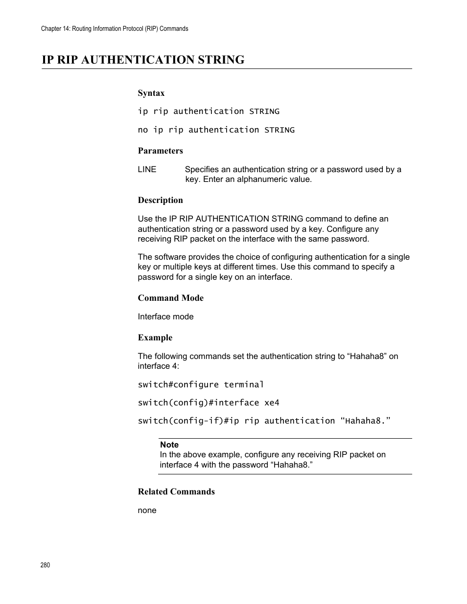 Ip rip authentication string | Allied Telesis AT-S83 User Manual | Page 280 / 382