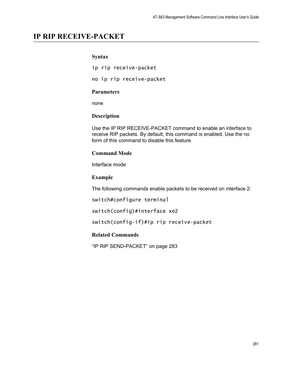 Ip rip receive-packet | Allied Telesis AT-S83 User Manual | Page 281 / 382