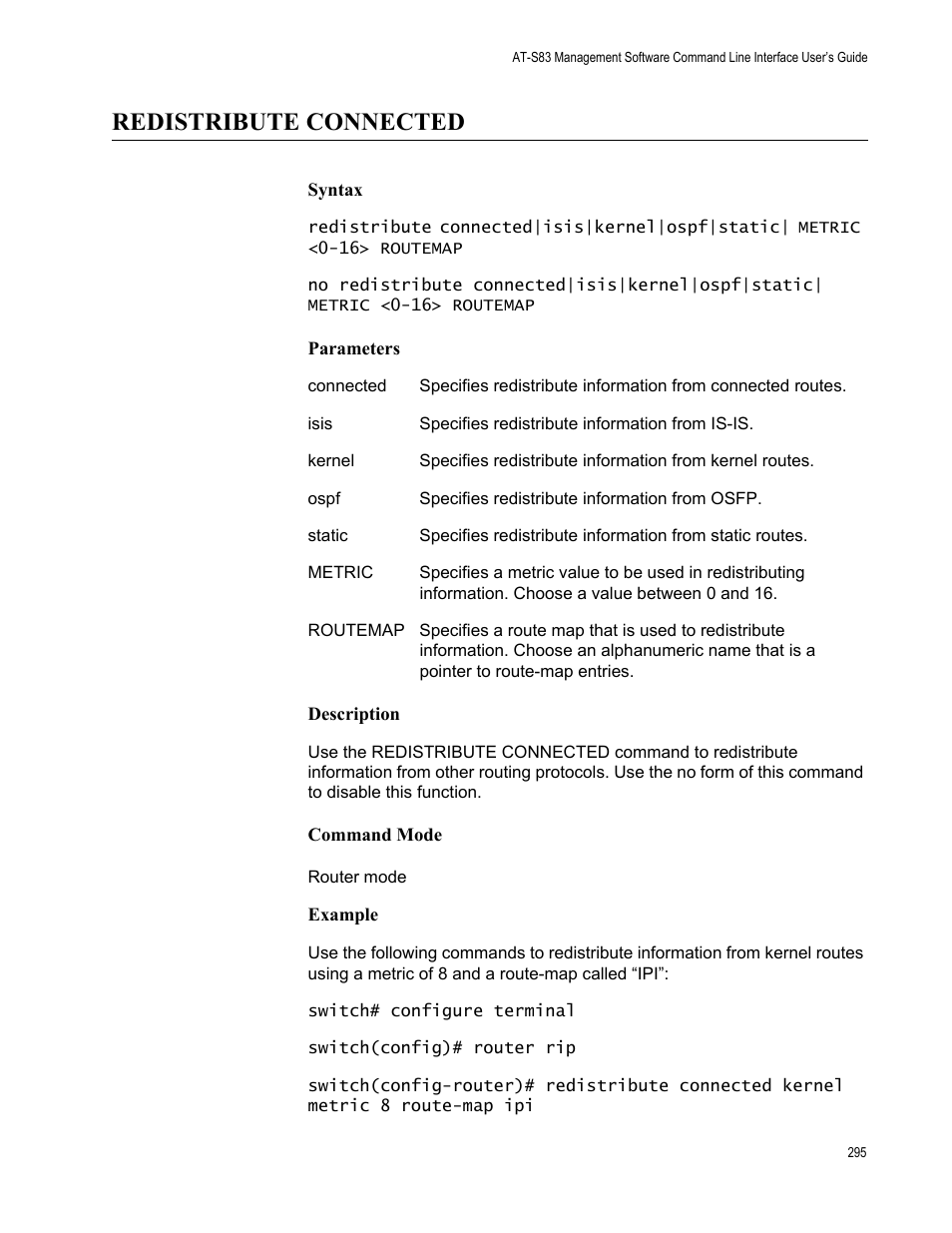 Redistribute connected | Allied Telesis AT-S83 User Manual | Page 295 / 382