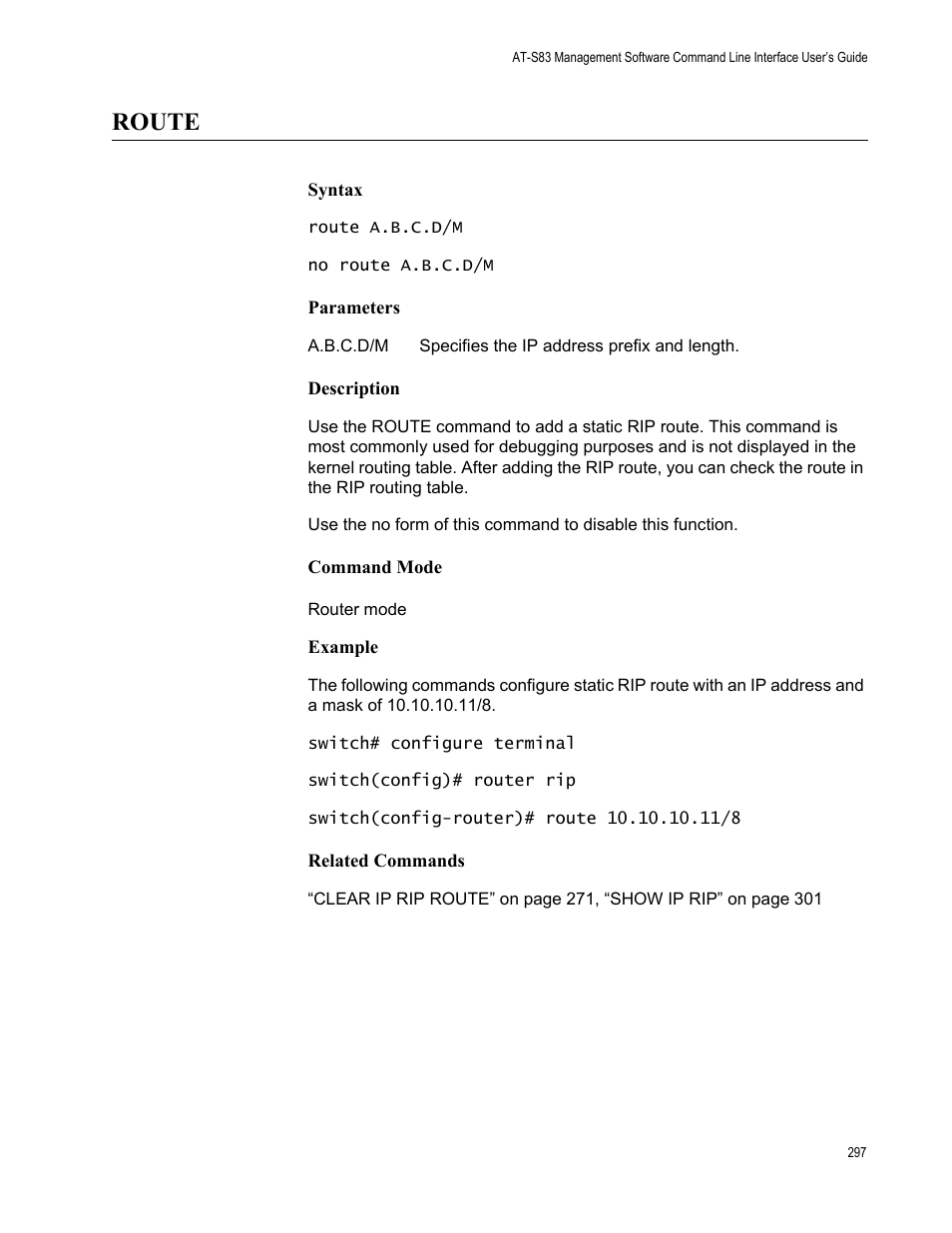 Route | Allied Telesis AT-S83 User Manual | Page 297 / 382