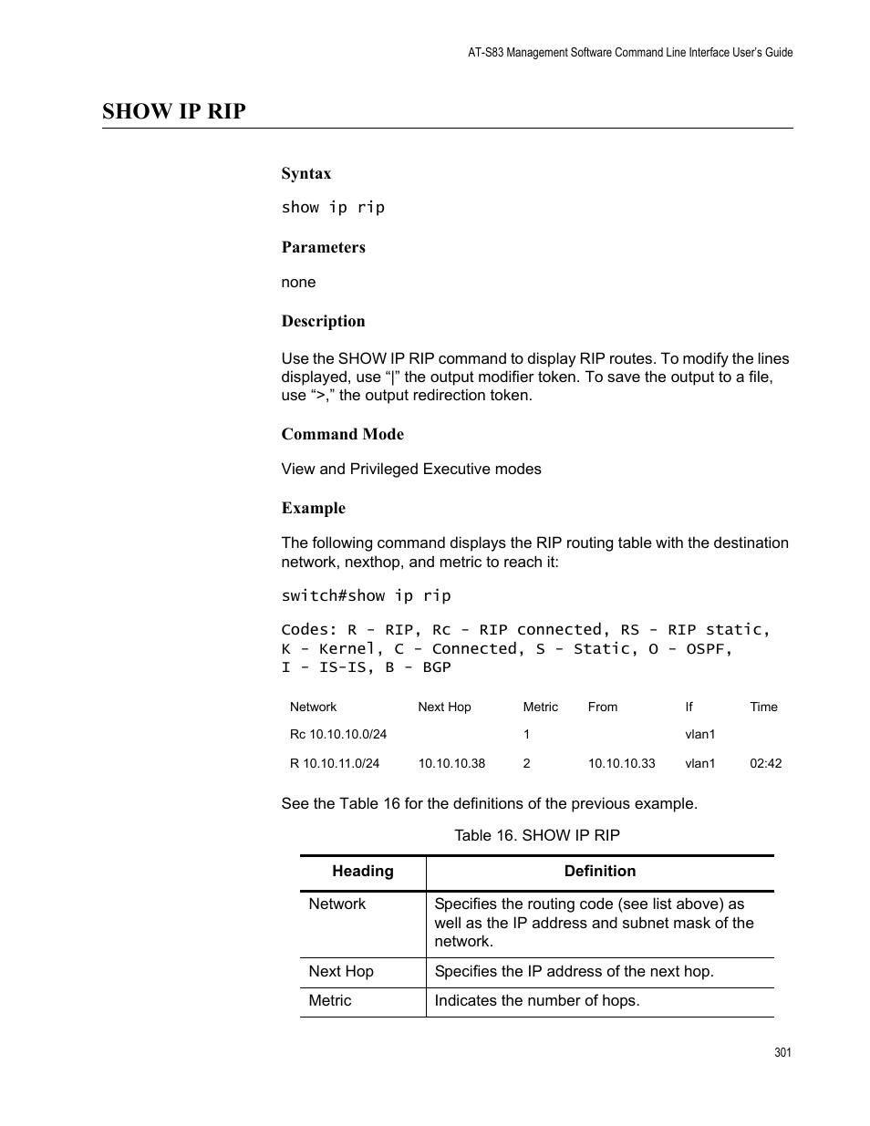 Show ip rip, Table 16. show ip rip | Allied Telesis AT-S83 User Manual | Page 301 / 382