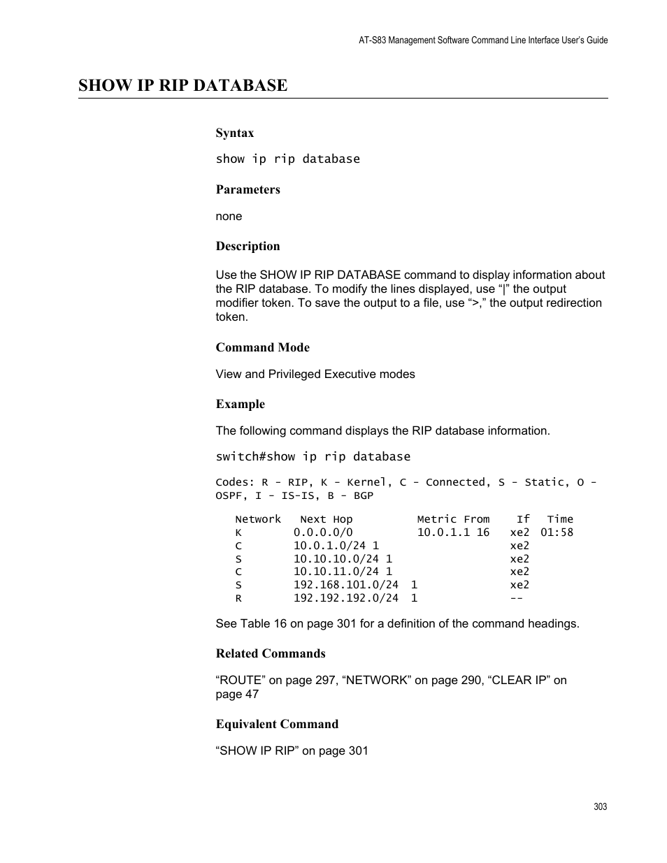 Show ip rip database | Allied Telesis AT-S83 User Manual | Page 303 / 382
