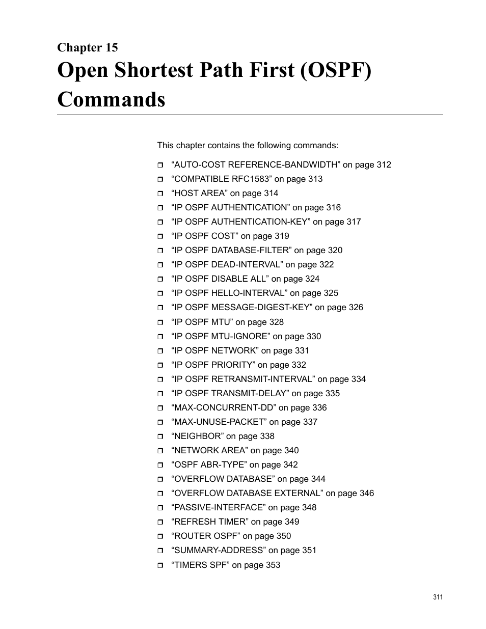 Chapter 15, Open shortest path first (ospf) commands | Allied Telesis AT-S83 User Manual | Page 311 / 382