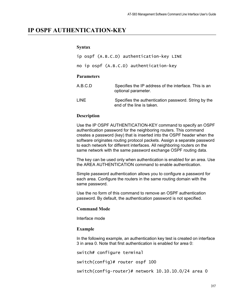 Ip ospf authentication-key | Allied Telesis AT-S83 User Manual | Page 317 / 382