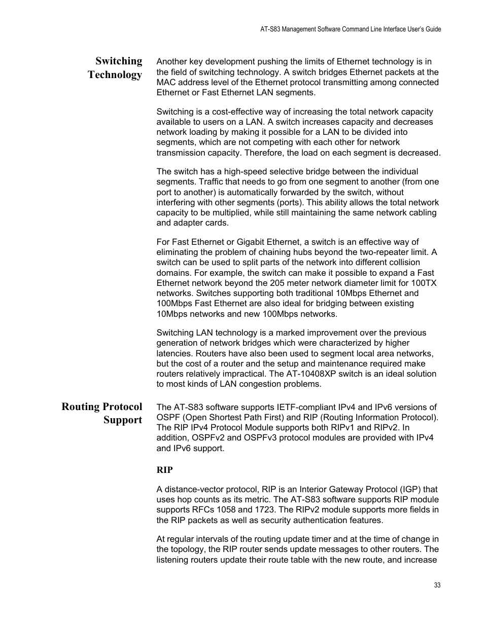 Switching technology, Routing protocol support, Switching technology routing protocol support | Allied Telesis AT-S83 User Manual | Page 33 / 382