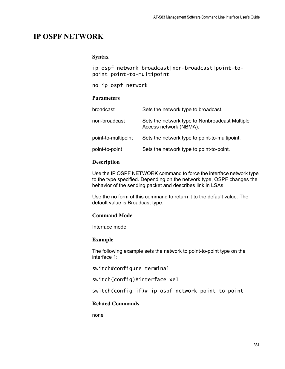 Ip ospf network | Allied Telesis AT-S83 User Manual | Page 331 / 382