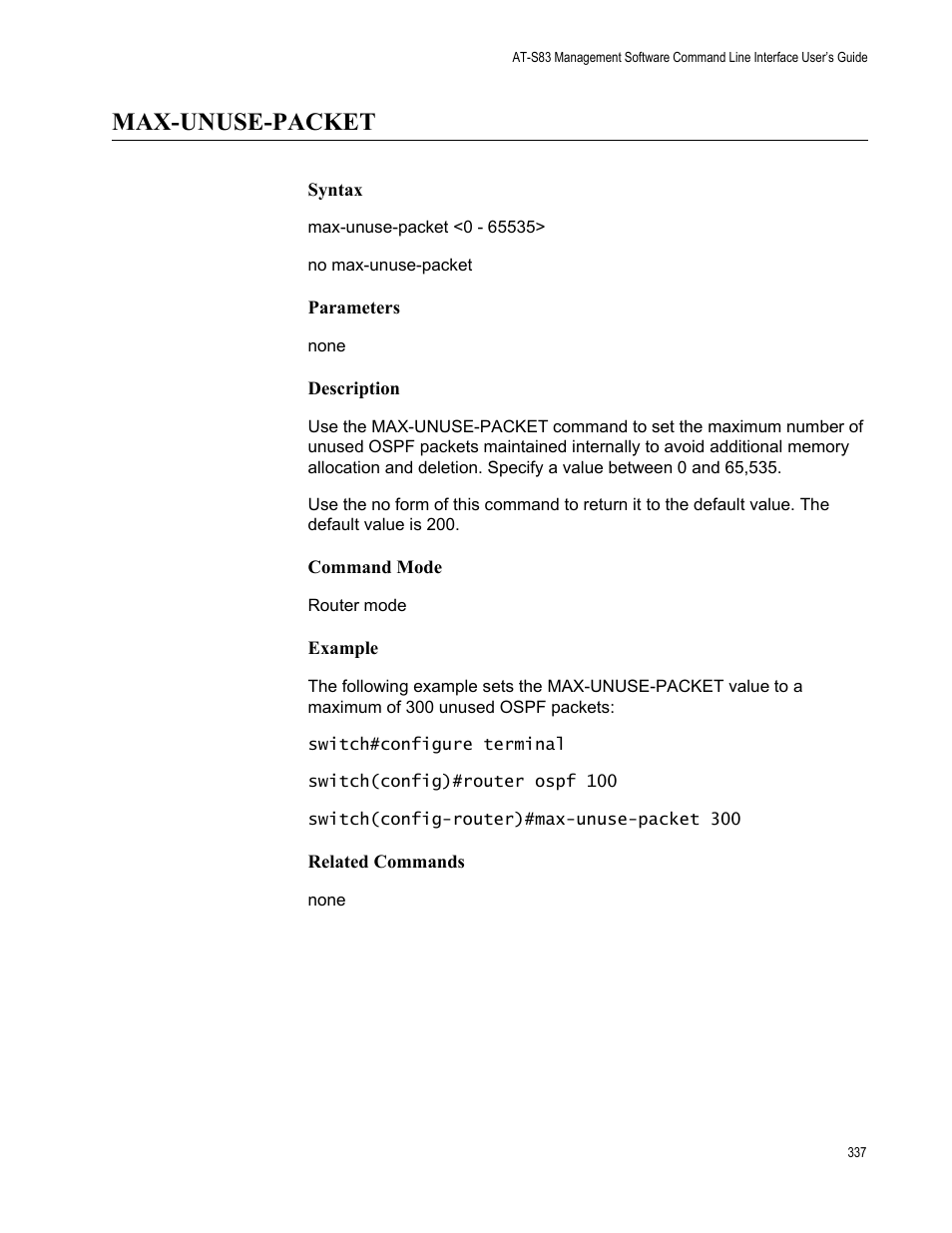 Max-unuse-packet | Allied Telesis AT-S83 User Manual | Page 337 / 382