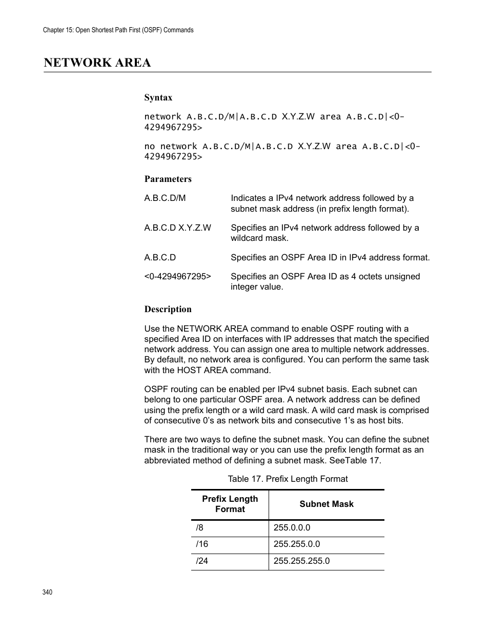 Network area, Prefix length format | Allied Telesis AT-S83 User Manual | Page 340 / 382