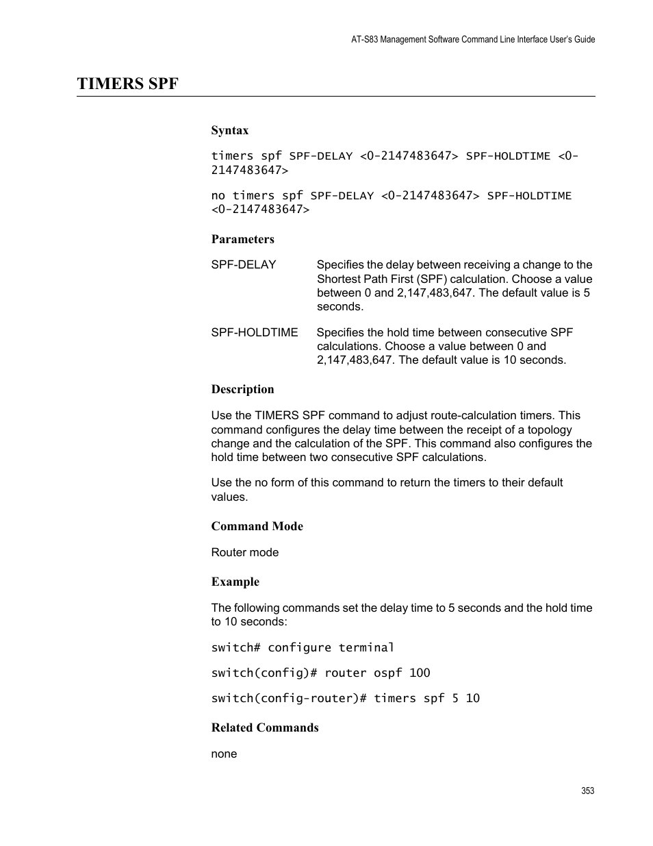 Timers spf | Allied Telesis AT-S83 User Manual | Page 353 / 382