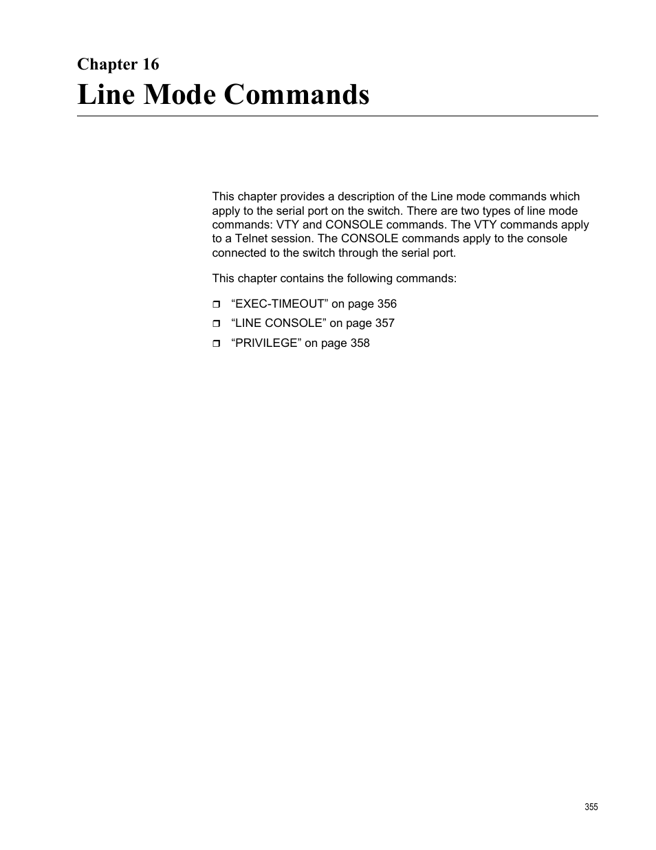 Chapter 16, Line mode commands | Allied Telesis AT-S83 User Manual | Page 355 / 382