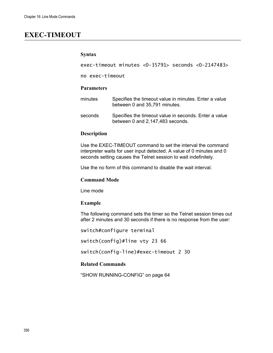 Exec-timeout | Allied Telesis AT-S83 User Manual | Page 356 / 382